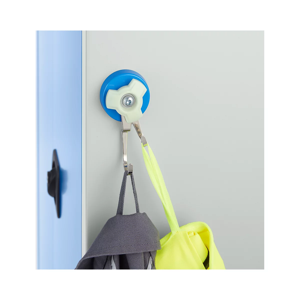 Blue hook with a light wheel. A gray bag and a yellow jacket hang below.