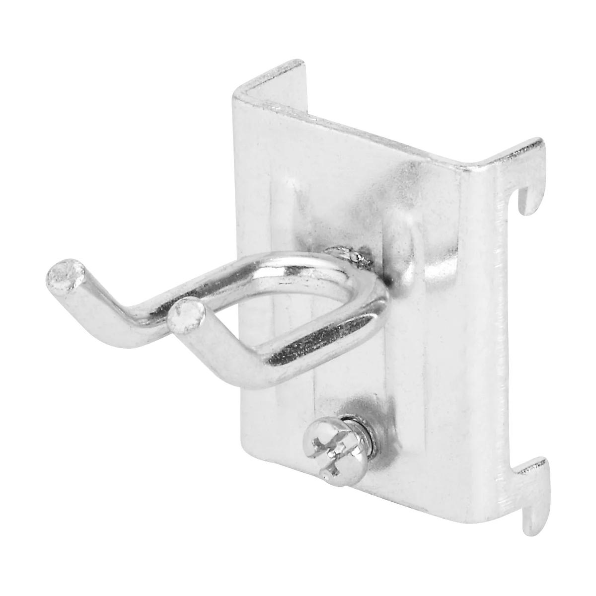 Metal hook, bent and attached to a plate, with a screw.