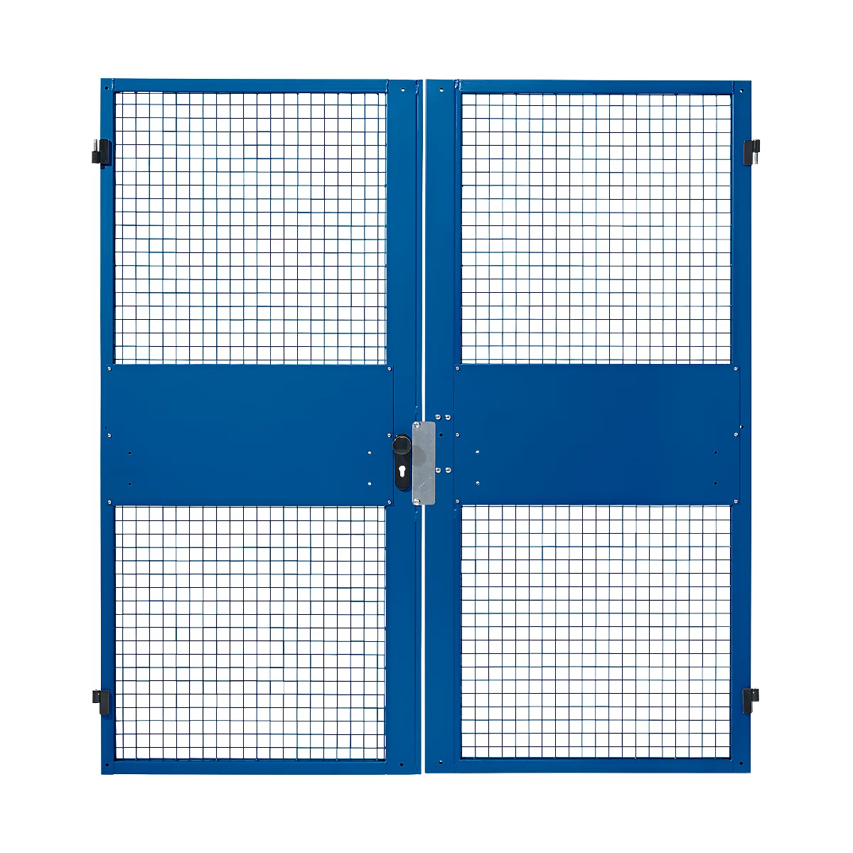 Blue double door with wire mesh and safety lock.