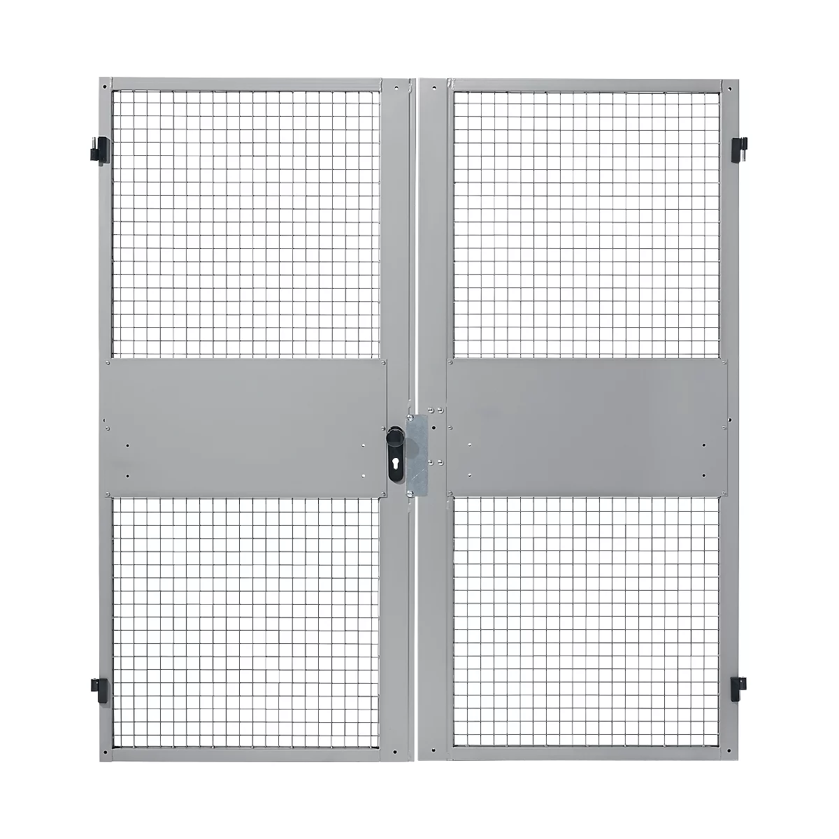 Grey metal gates with wire mesh, latch and hinges. Closed double door, industrial style.