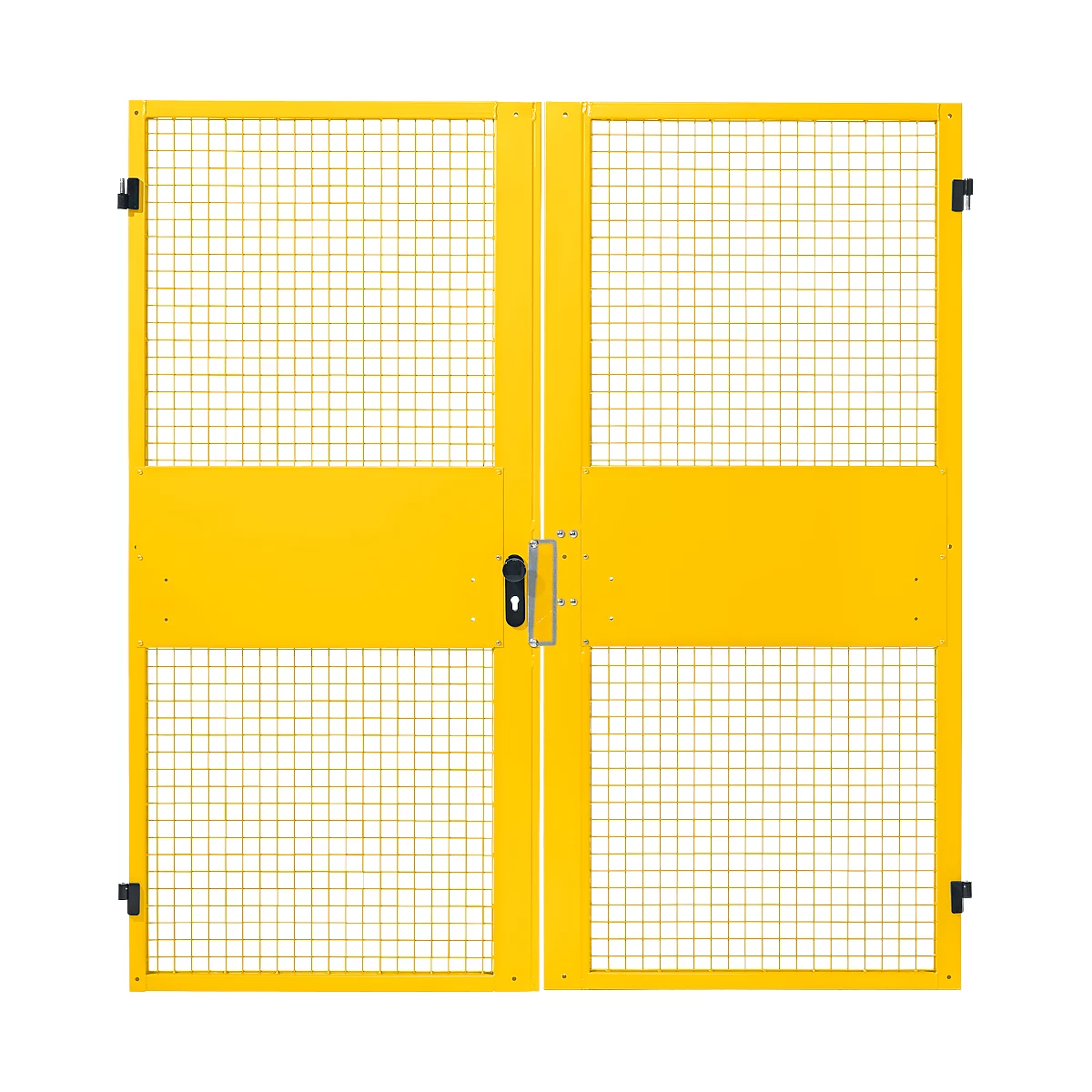 Yellow metal mesh doors with black hinges and handle. The doors are closed.