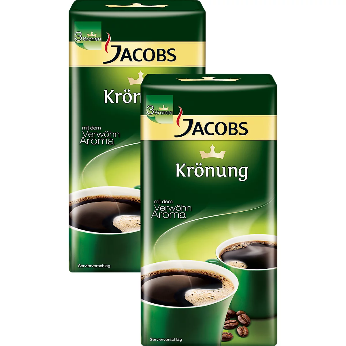 Two Jacobs Krönung coffee packages. Each package depicts a cup of coffee, with the lettering 'Krönung'.