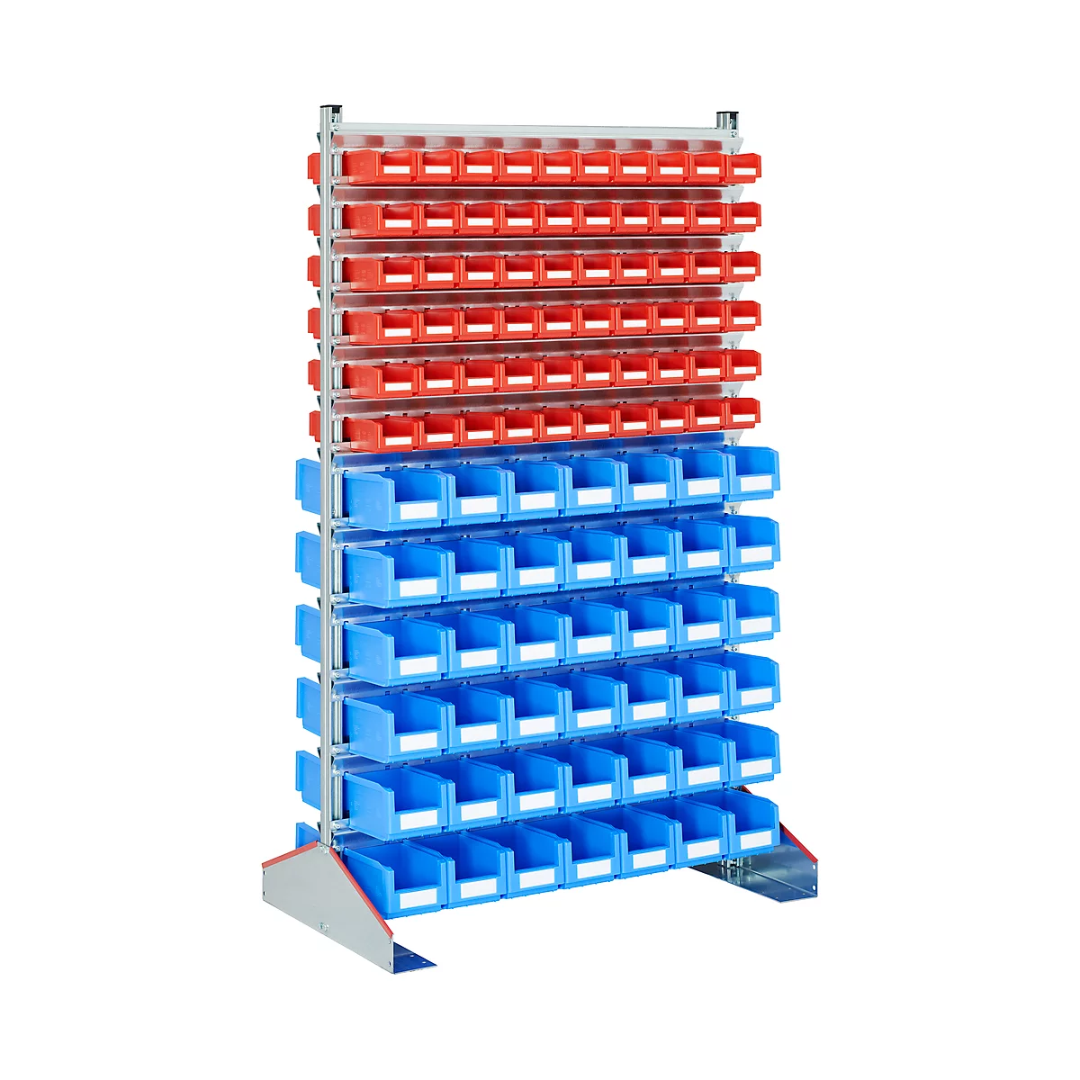 Shelf with red and blue containers for storage.