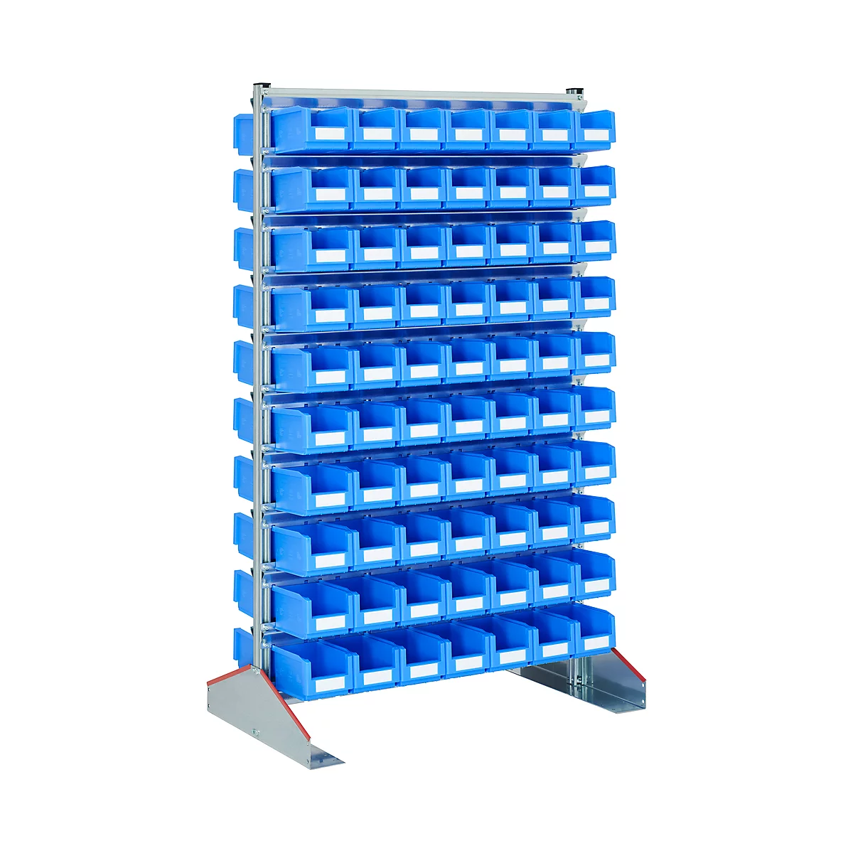 Blue storage bins in a metal rack, ideal for organization.