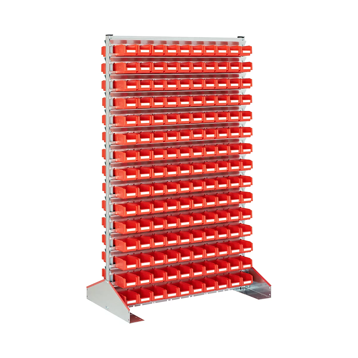 A red rack with many small containers. It stands on a gray frame. The containers are arranged in rows.