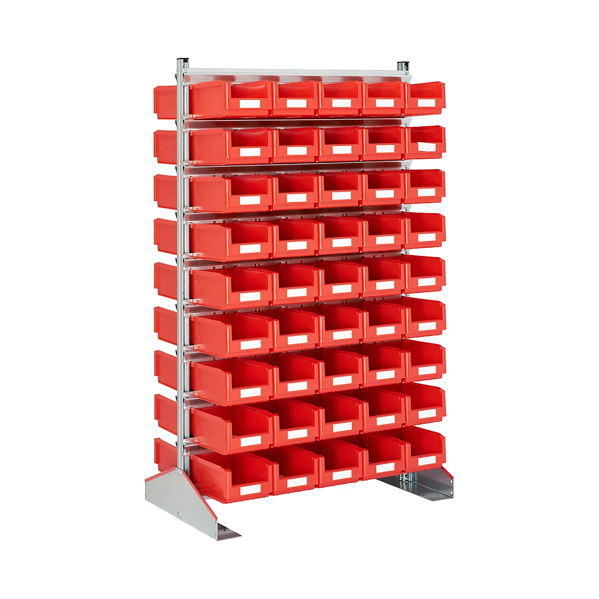 A red storage rack filled with numerous red storage bins. The bins are arranged in multiple rows and have white labels.