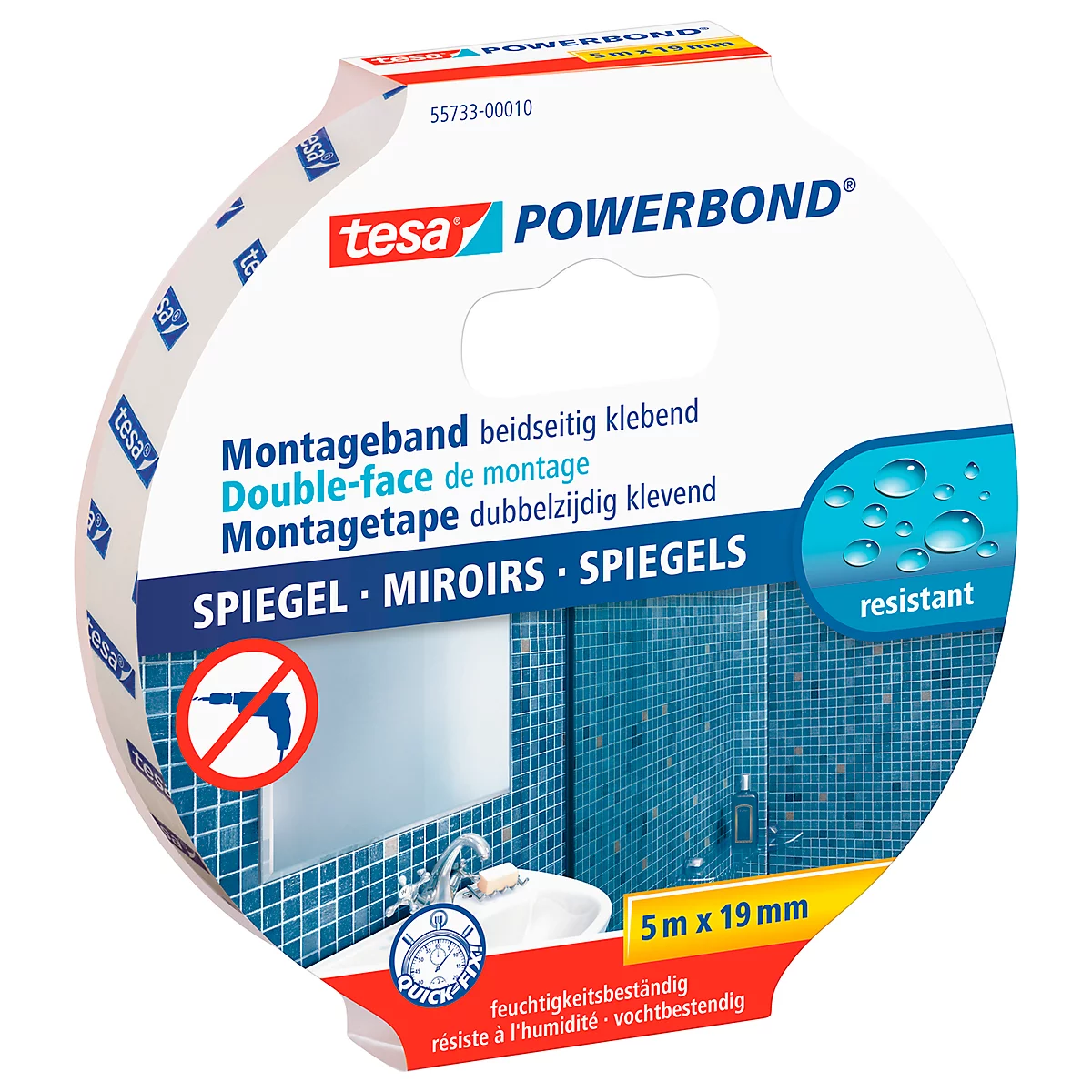 Tesa Powerbond mounting tape product packaging. Inscription: mirror, moisture resistant.