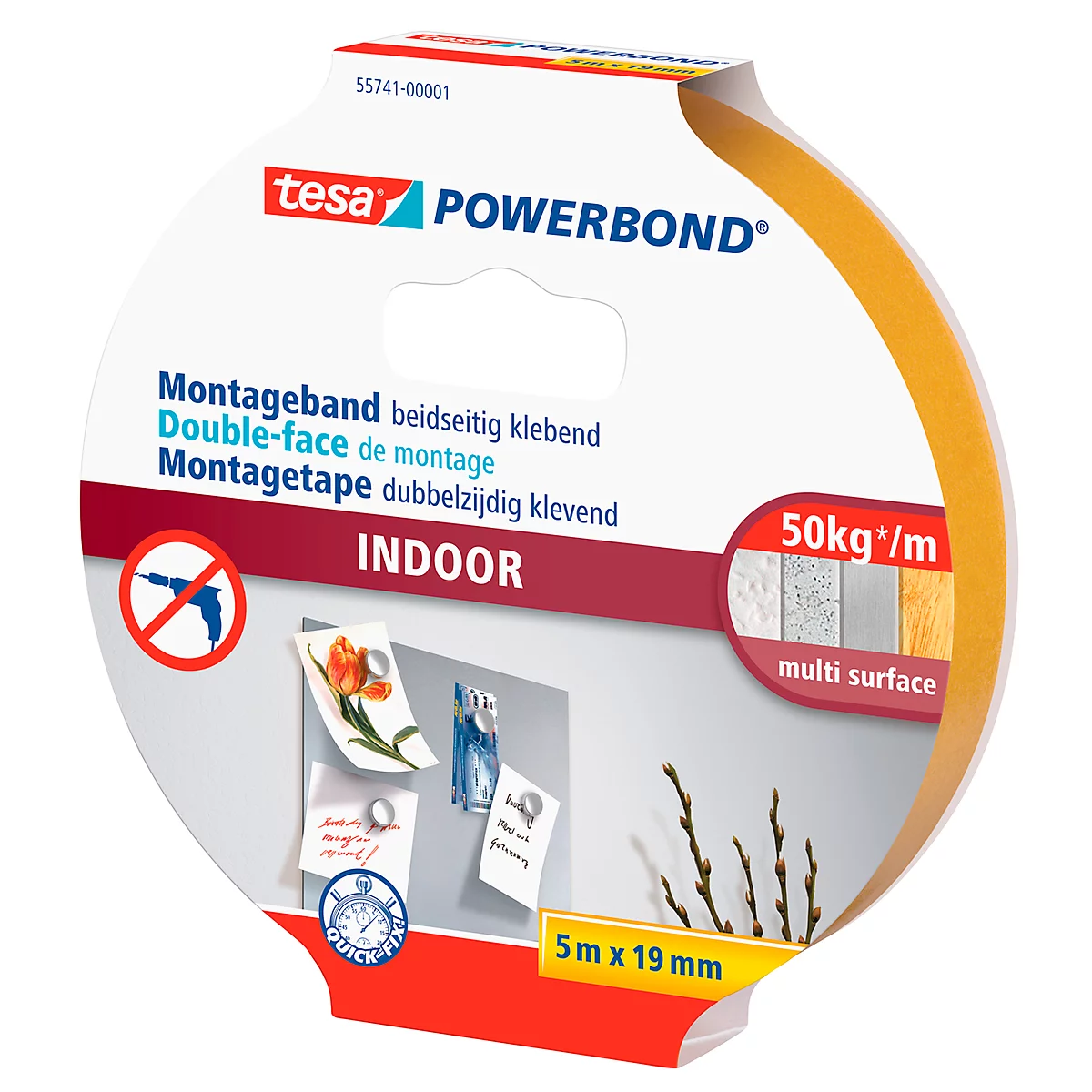 Tesa Powerbond mounting tape. The product is pictured on packaging showing instructions for indoor use and on various surfaces.