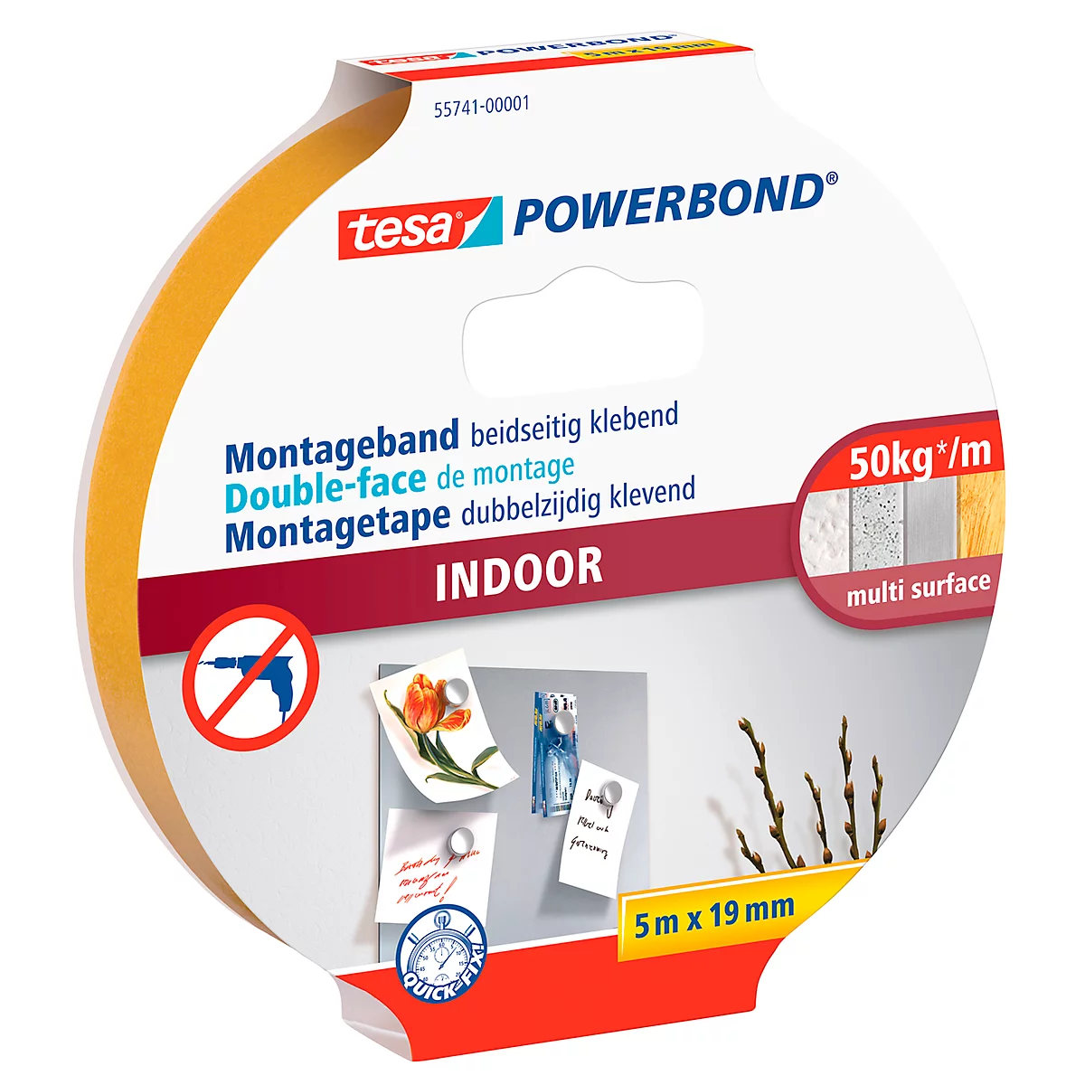 tesa POWERBOND mounting tape. The packaging shows yellow tape, product information and application examples.