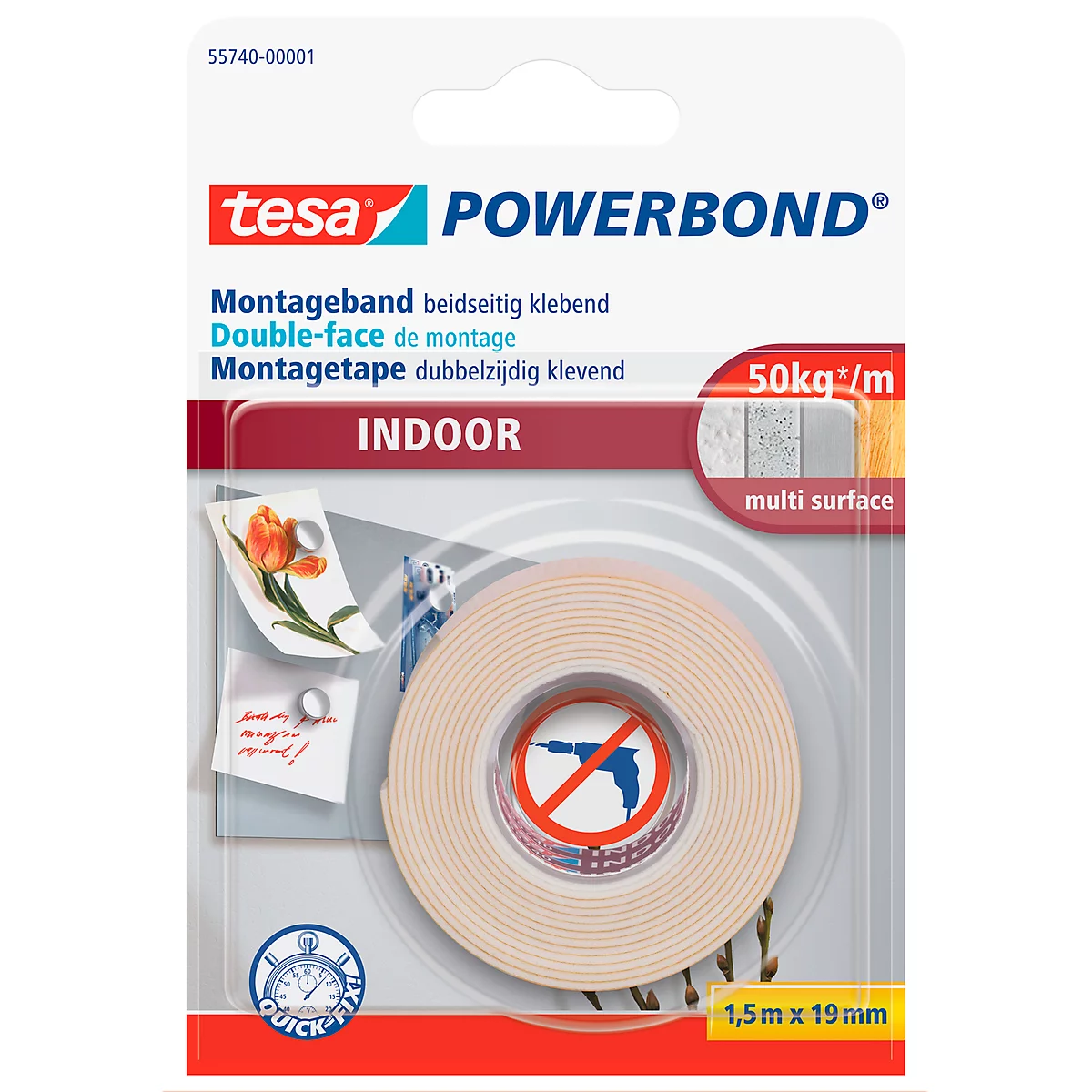 A roll of double-sided tape, Tesa Powerbond brand. Packaging with text and illustrations indicating the use and properties of the tape.