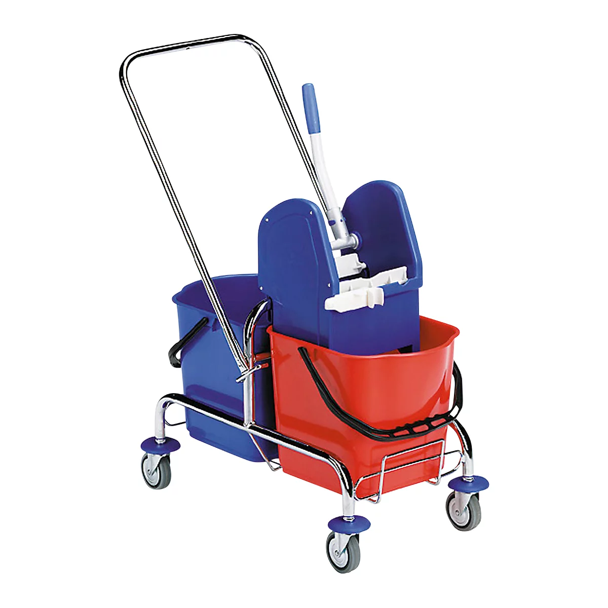 Cleaning supplies cart with blue and red bucket. Cart with stainless steel frame and rollers.