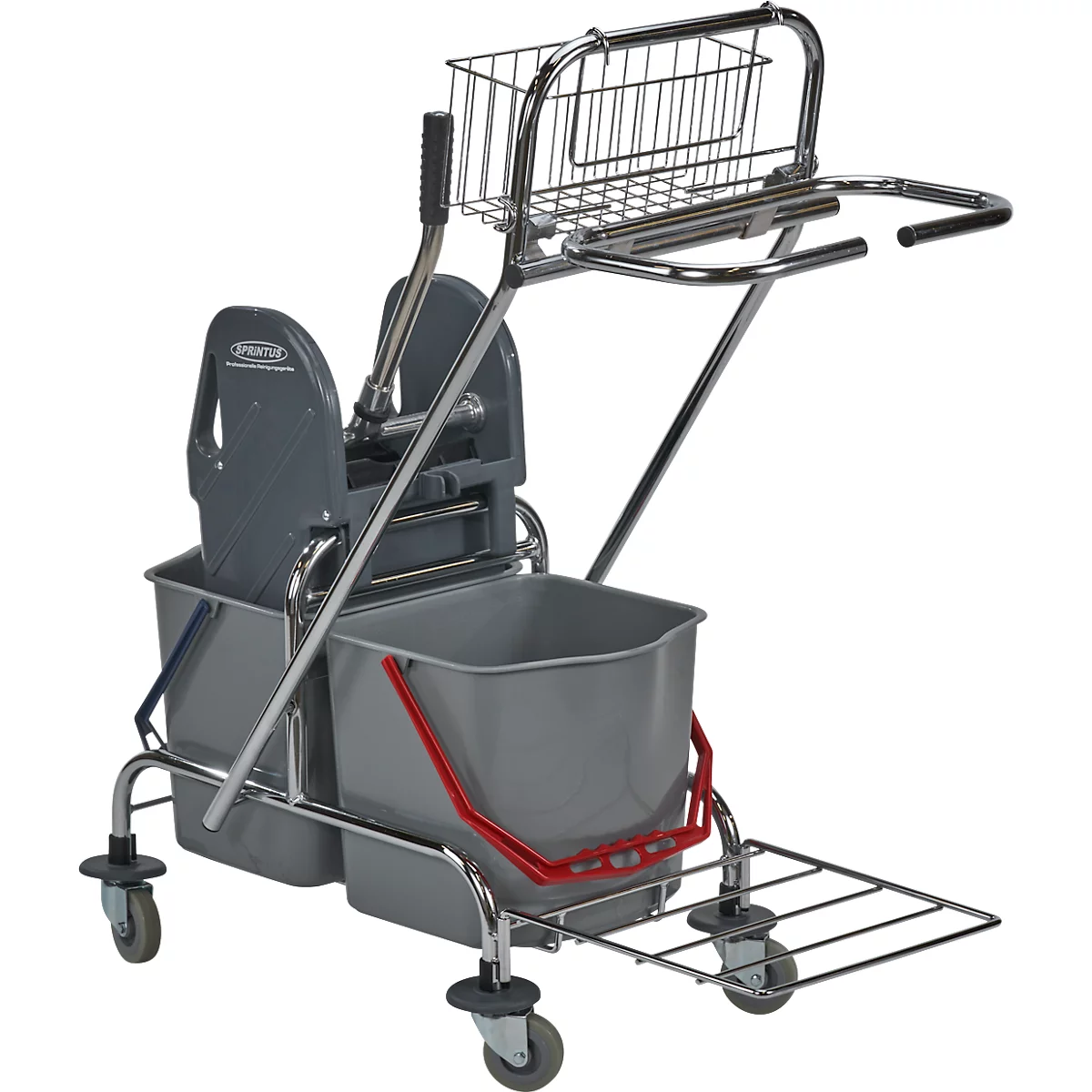 A silver cleaning cart with two buckets, a press, a basket and a shelf. Grey buckets, red and blue handles.