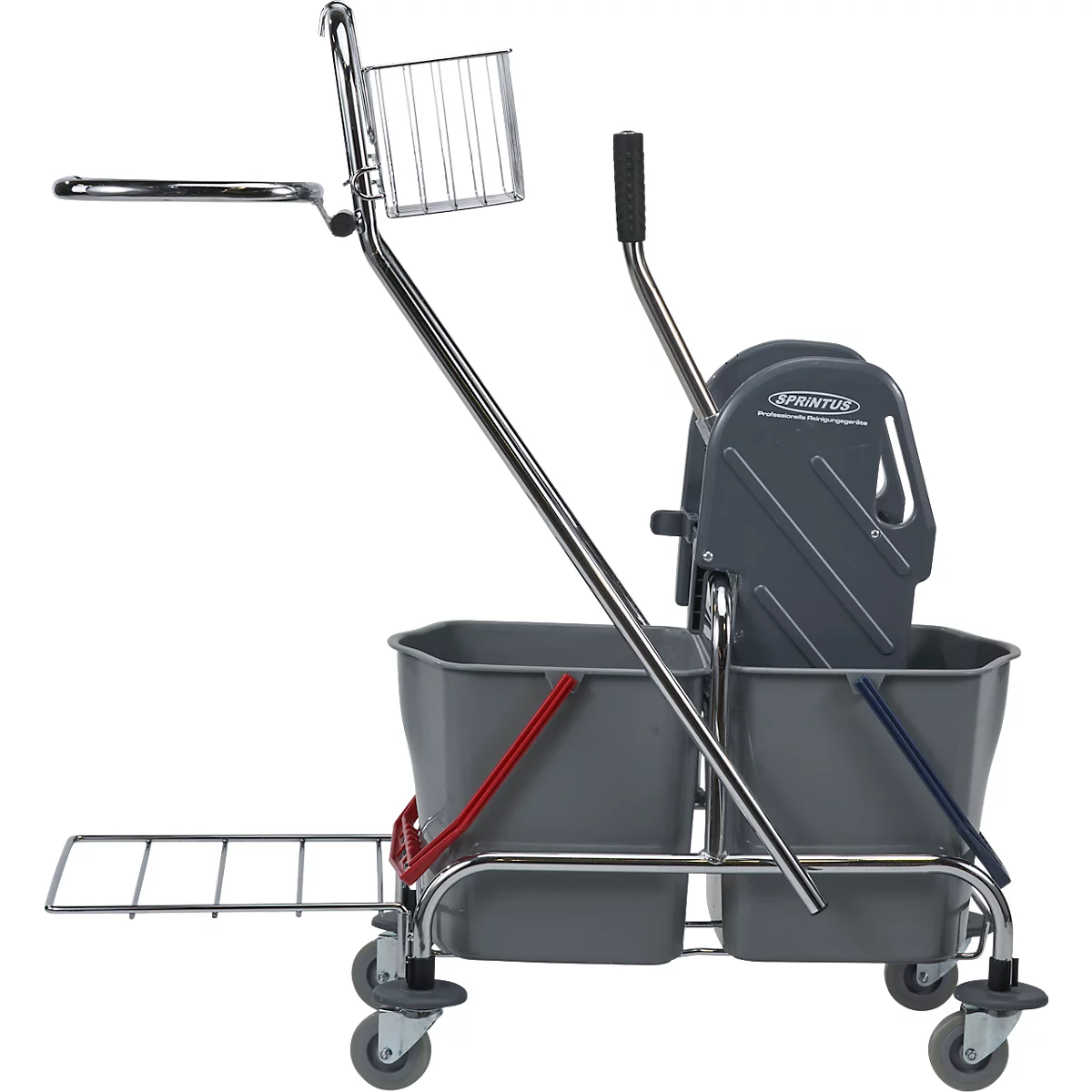 Gray cleaning cart with two buckets, a press attachment and a frame with accessories. On castors.