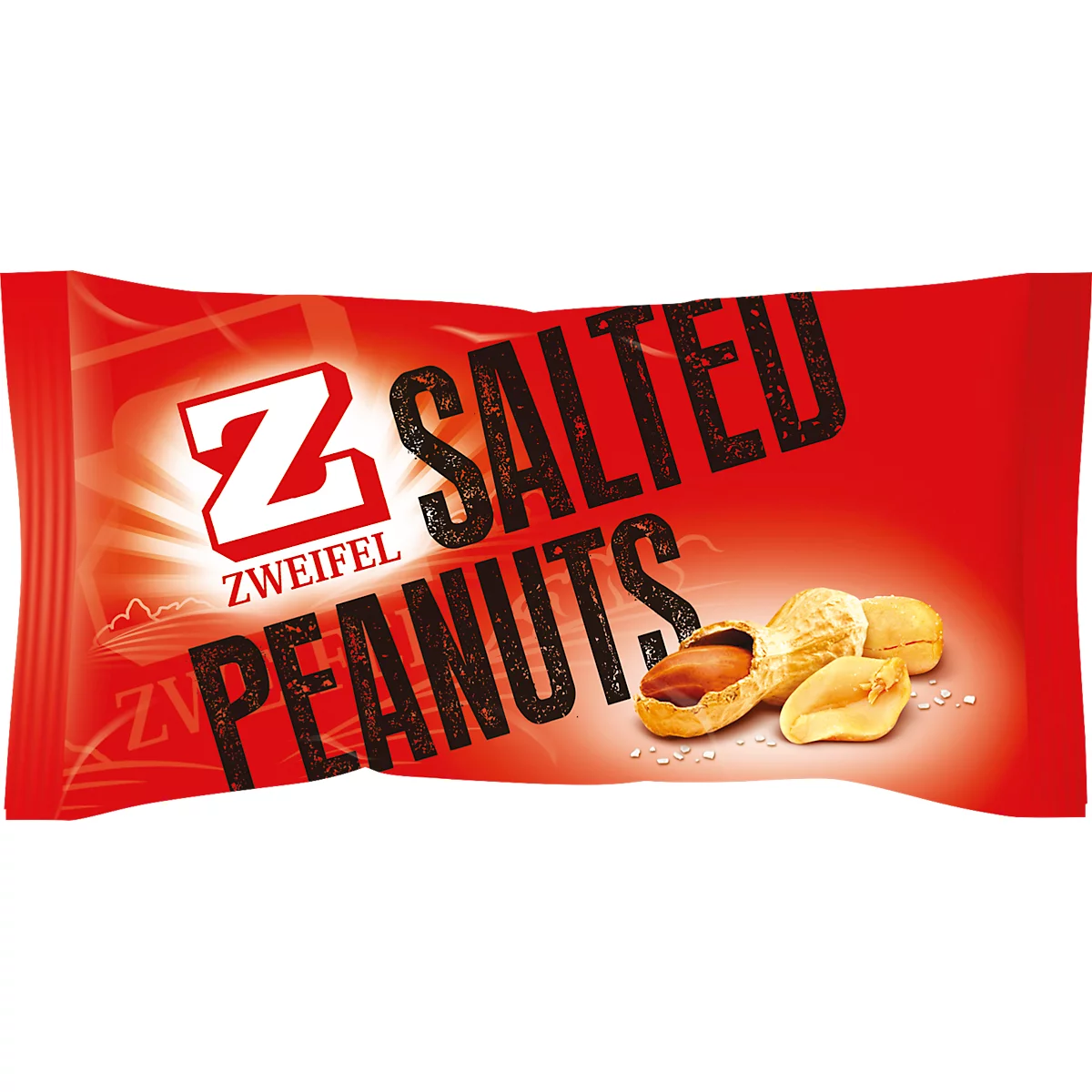 Red snack packaging with the inscription 'ZWEIFEL SALTED PEANUTS'. Roasted peanuts, in shell and without, are in front of it.