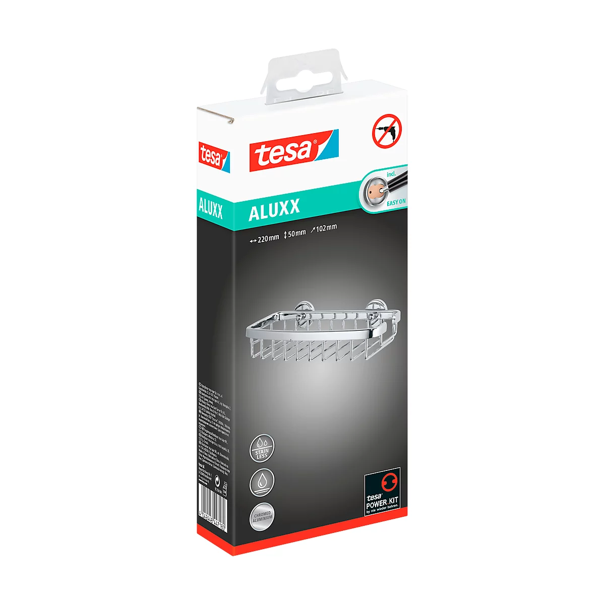 Doucherekje tesa® ALUXX, 1 verdieping, vierhoekig, verchroomd, zonder te boren, incl. kleefstrips