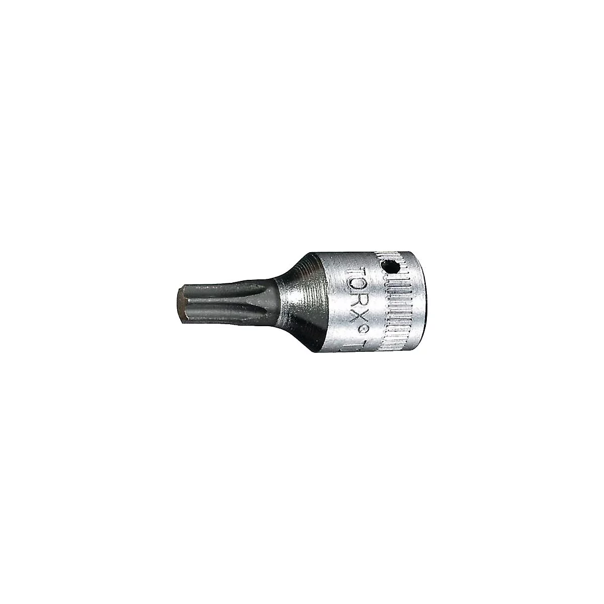Un embout Torx argenté gravé 'TORX', avec une tête hexagonale.