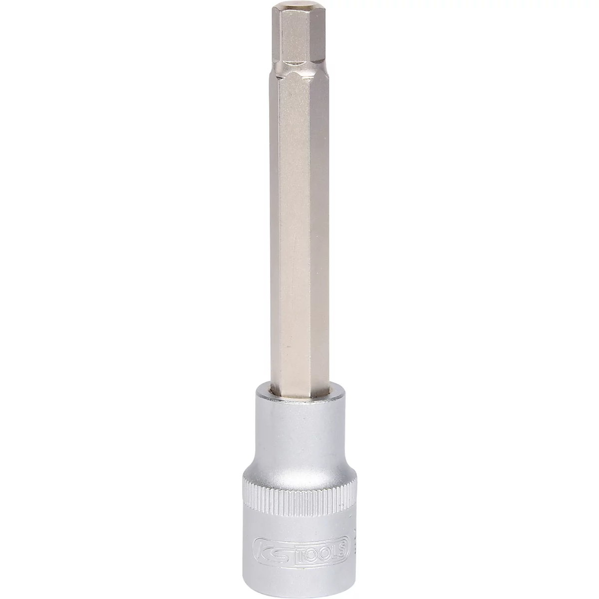 Embout hexagonal pour outil, métal, couleur argent. Tige cylindrique avec tête hexagonale, sur une base.