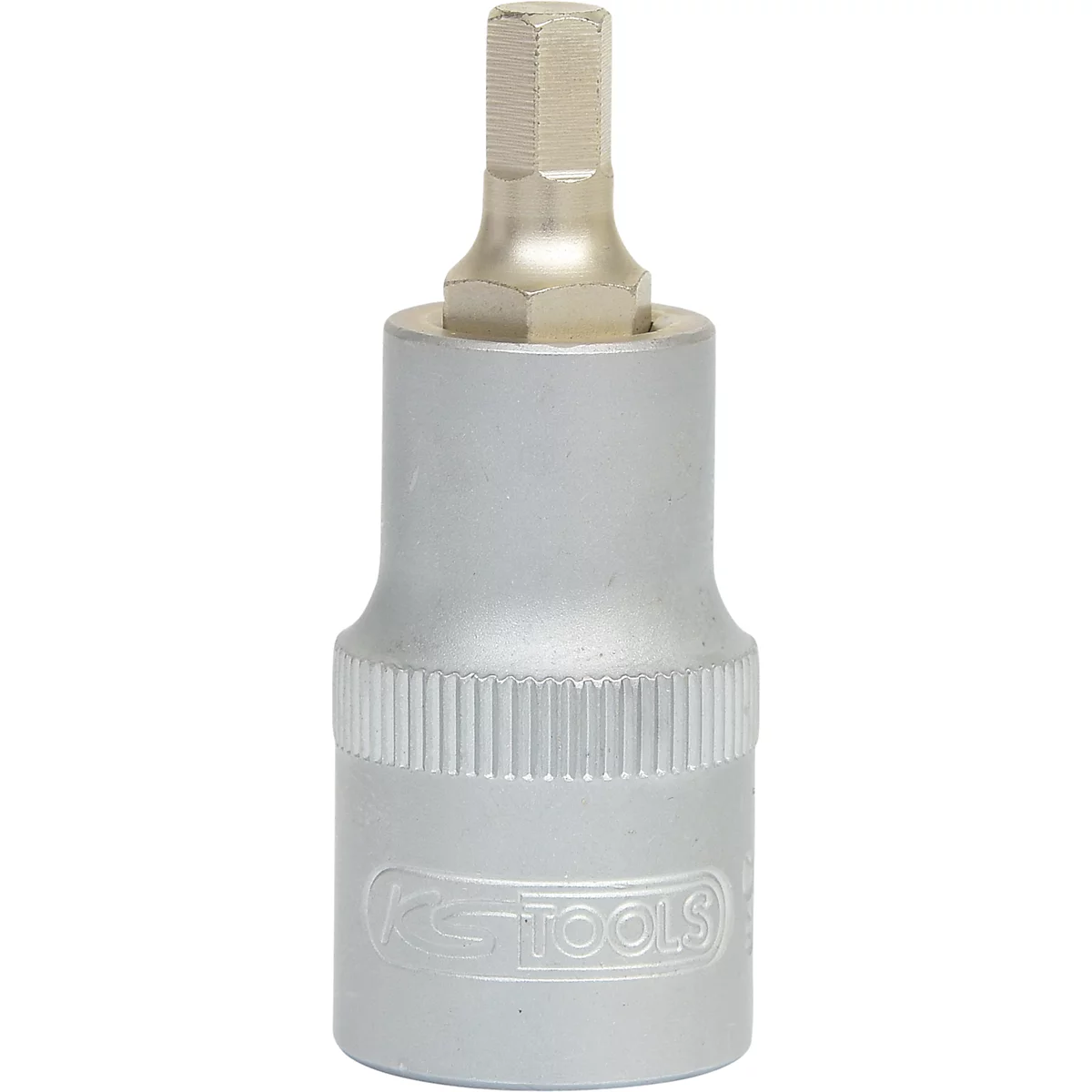 Embout hexagonal argenté pour vis. L'embout est placé devant un fond blanc.
