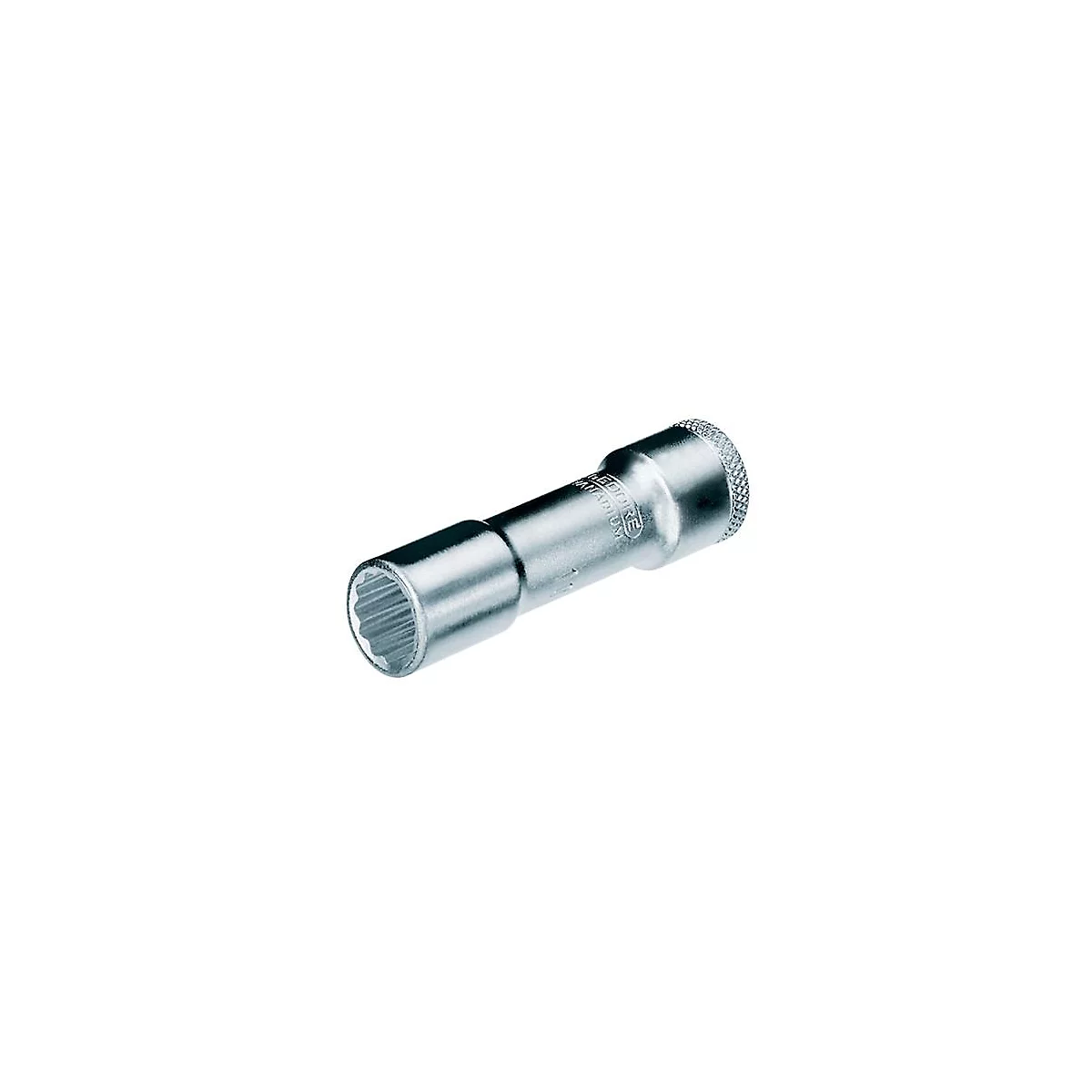 Outil chromé, tubulaire, avec douille multi-dents et extrémité moletée. Étiquetage clair du produit.