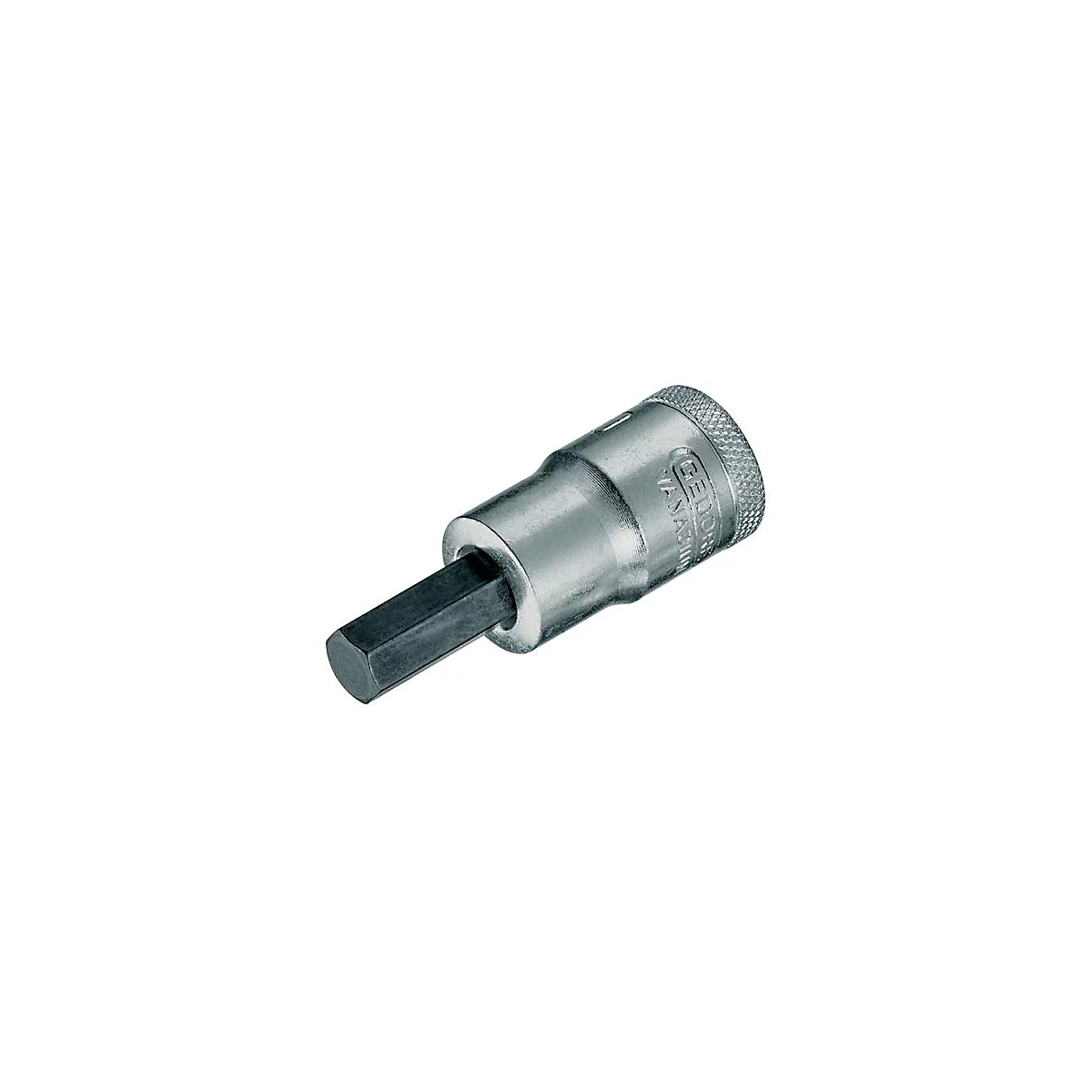 Embout de clé à douille avec entraînement hexagonal, en métal. En partie avec surface moletée et lettrage.