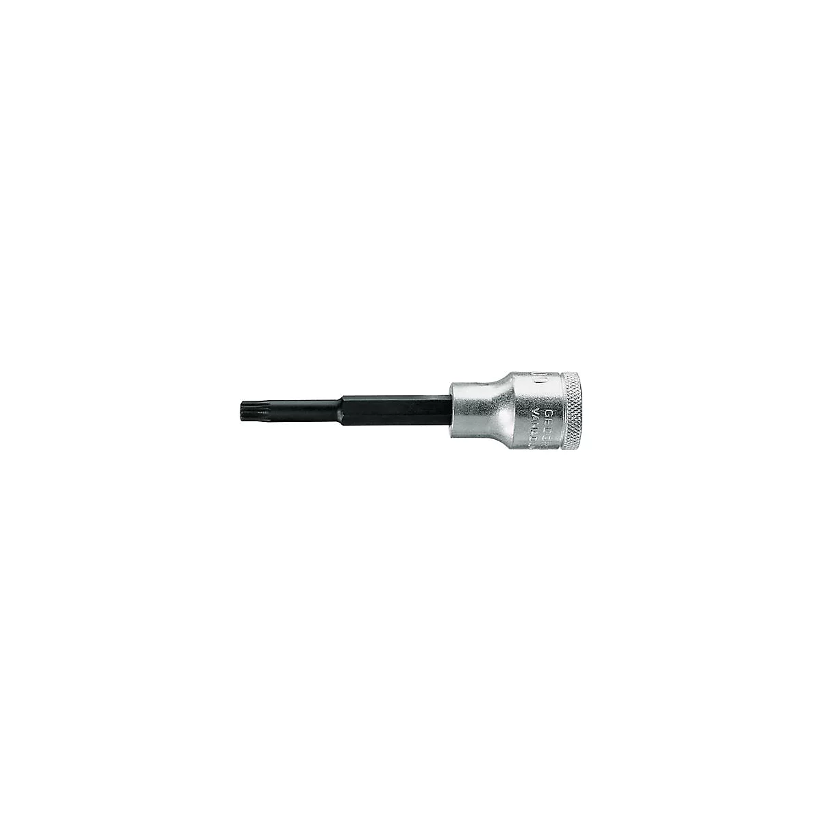 Embout Torx, partiellement dans une douille argentée, avec une tige hexagonale noire. La douille est moletée.