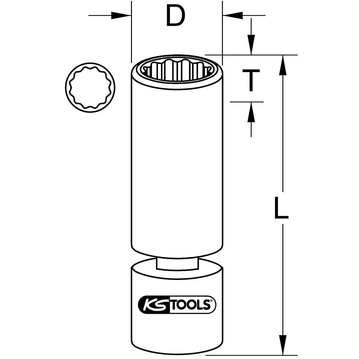 Dessin technique en noir et blanc d'une clé à douille. Le texte sur l'image indique L, D et T.