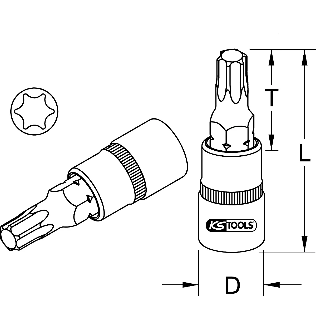 Outil : Embout hexagonal, vue détaillée avec dimensions.