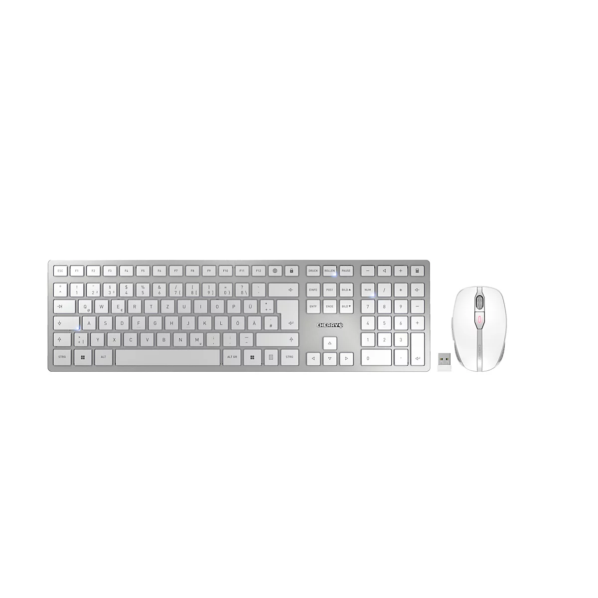 Draadloos toetsenbord met muis Cherry DW 9100 SLIM, QWERTZ, USB/Bluetooth, oplaadbaar, muis met 6 toetsen, tot 2400 dpi, tot 10 m, zilver-wit