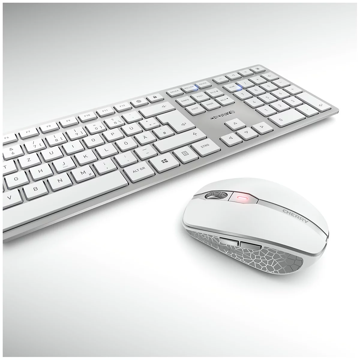 Draadloos toetsenbord met muis Cherry DW 9100 SLIM, QWERTZ, USB/Bluetooth, oplaadbaar, muis met 6 toetsen, tot 2400 dpi, tot 10 m, zilver-wit