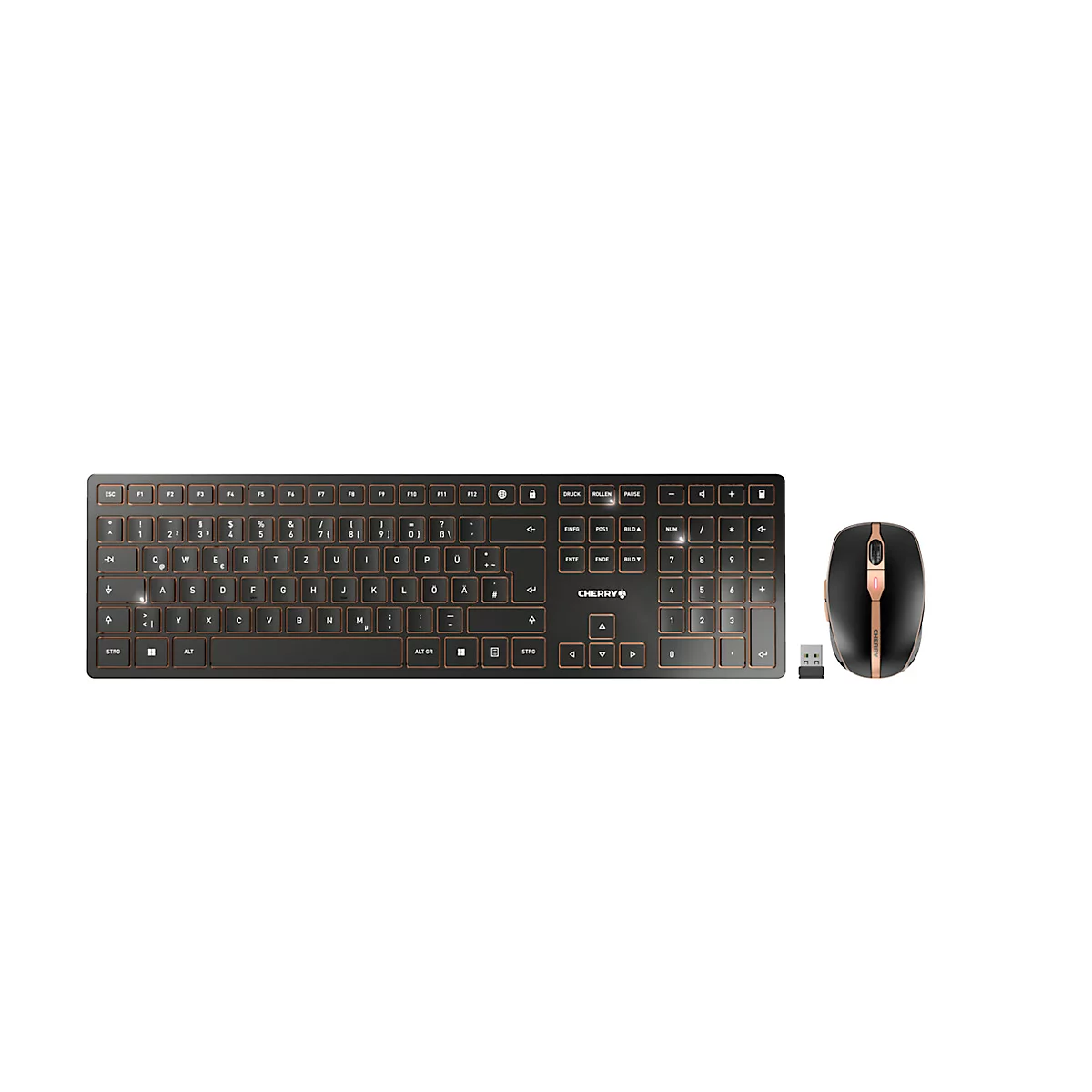 Draadloos toetsenbord met muis Cherry DW 9100 SLIM, QWERTZ, USB/Bluetooth, oplaadbaar, muis met 6 toetsen, tot 2400 dpi, tot 10 m, zwart-brons