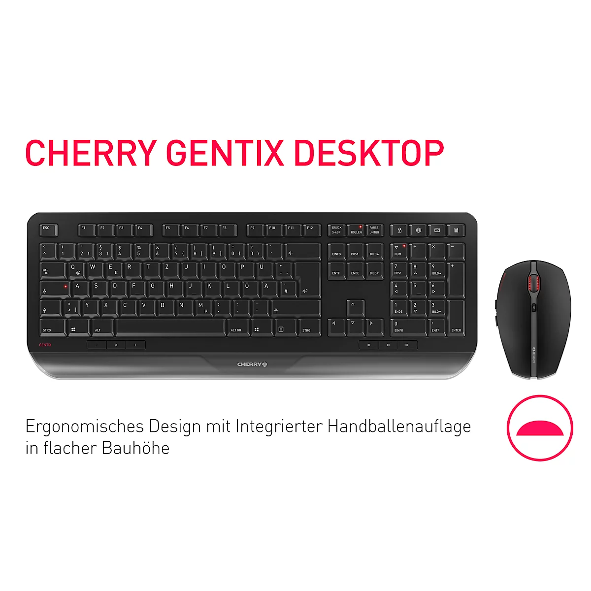 Draadloos toetsenbord met muis CHERRY GENTIX DESKTOP, ergonomisch, QWERTY-toetsenbord, muis met 6 knoppen, scrollwiel, 1000/2000 dpi, tot 10 m, USB-ontvanger