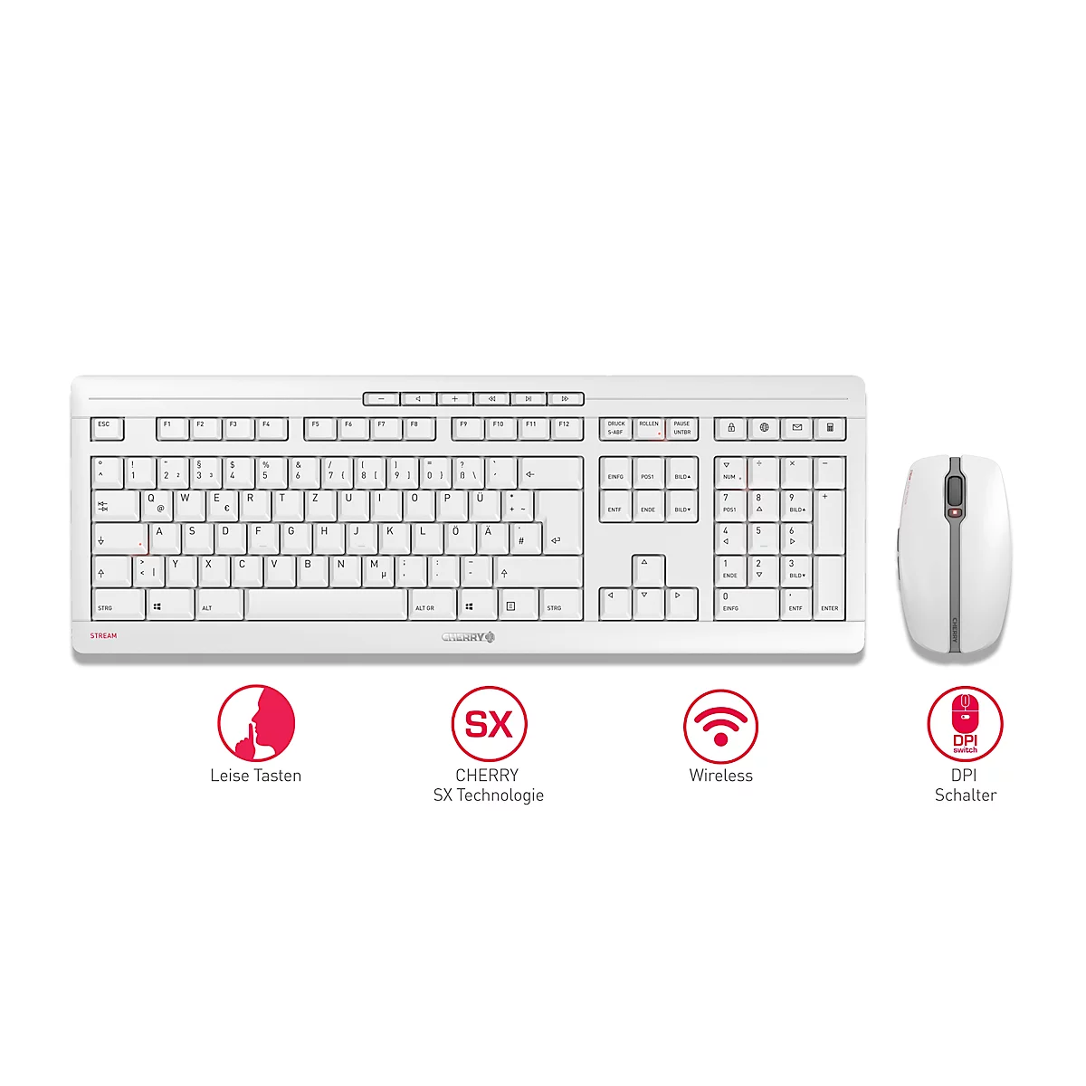 Draadloos toetsenbord met muis CHERRY STREAM DESKTOP, extra stil QWERTY-toetsenbord, muis met 6 knoppen &amp; scrollwiel, 1000-2400 dpi, tot 10 m, USB-ontvanger, wit