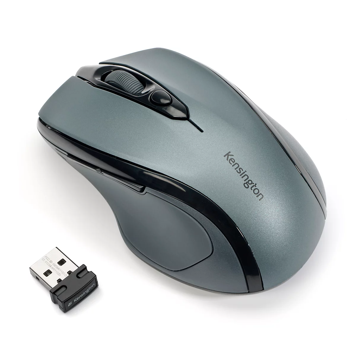 Draadloze muis Kensington Pro Fit, voor rechtshandigen, 1750 dpi, 5 knoppen &amp; scrollwiel, USB-ontvanger, incl. 2 x AAA-batterijen, grafietgrijs