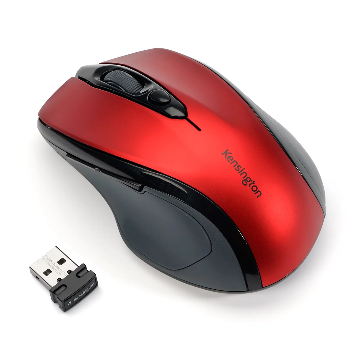 Draadloze muis Kensington Pro Fit, voor rechtshandigen, 1750 dpi, 5 knoppen &amp; scrollwiel, USB-ontvanger, incl. 2 x AAA-batterijen, robijnrood
