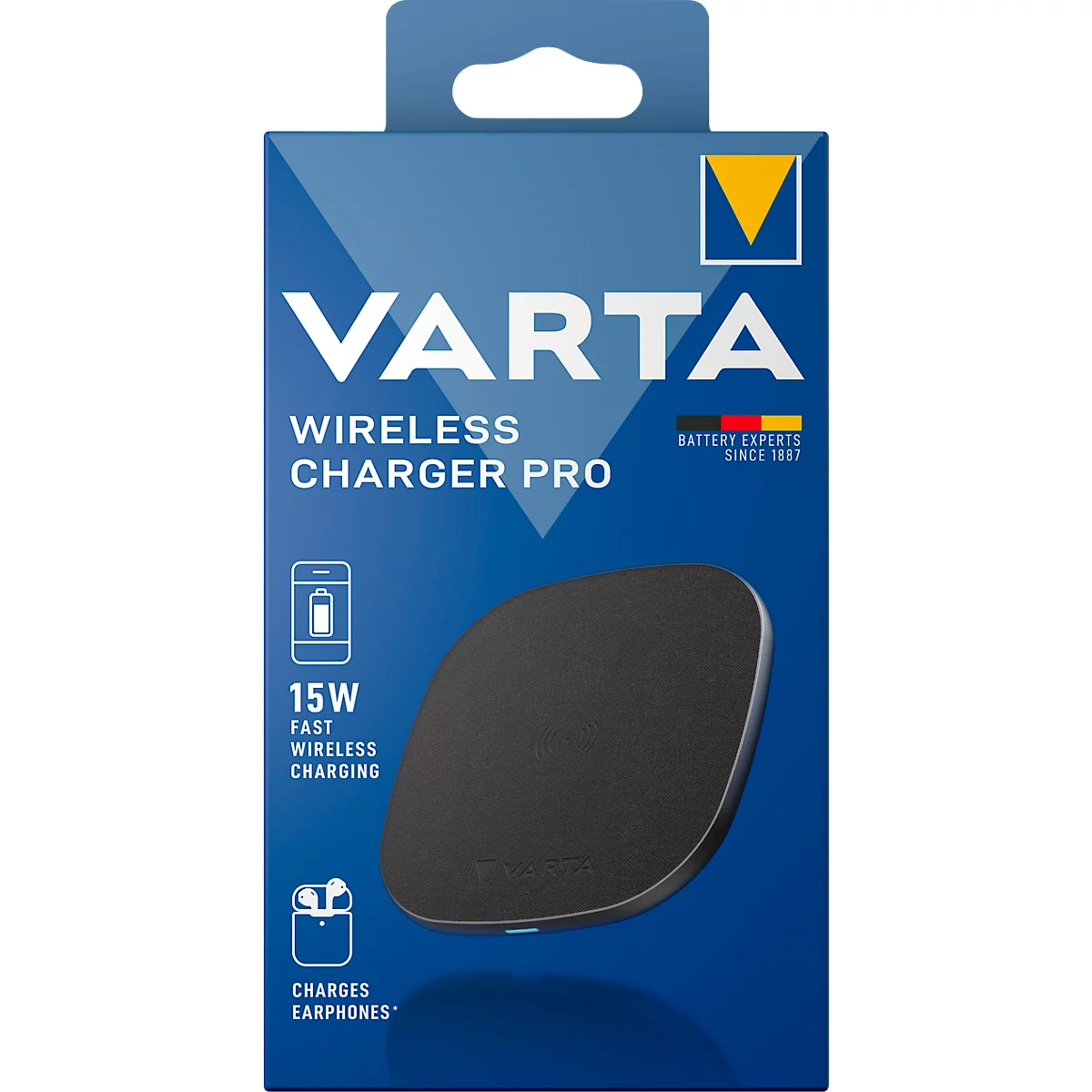 Draadloze oplader Varta Pro, snel opladen 15 W, voor Qi-compatibele apparaten, USB Type C (incl. kabel), B 100 x D 100 x H 65 mm, zwart