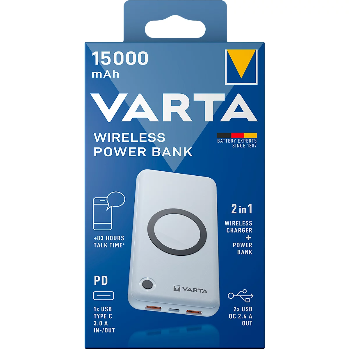 Draadloze Powerbank Varta, Draadloos opladen &amp; opladen met kabel, Laadniveau-indicator, Li-polymeer batterij, B 100 x D 31 x H 195 mm, wit