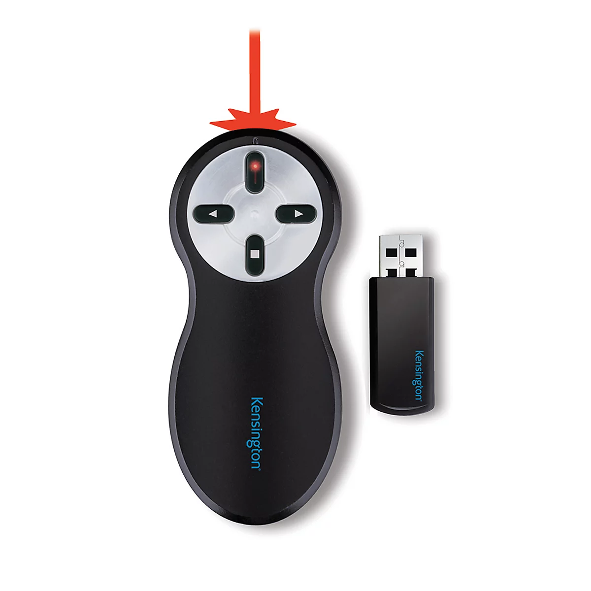 Draadloze Presenter Kensington 33374EU, rode laserpointer klasse 2, bereik tot 20 m, 4 knoppen, USB-ontvanger, zwart-zilver, incl. batterijen.