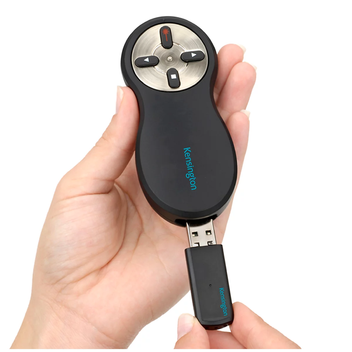 Draadloze Presenter Kensington 33374EU, rode laserpointer klasse 2, bereik tot 20 m, 4 knoppen, USB-ontvanger, zwart-zilver, incl. batterijen.