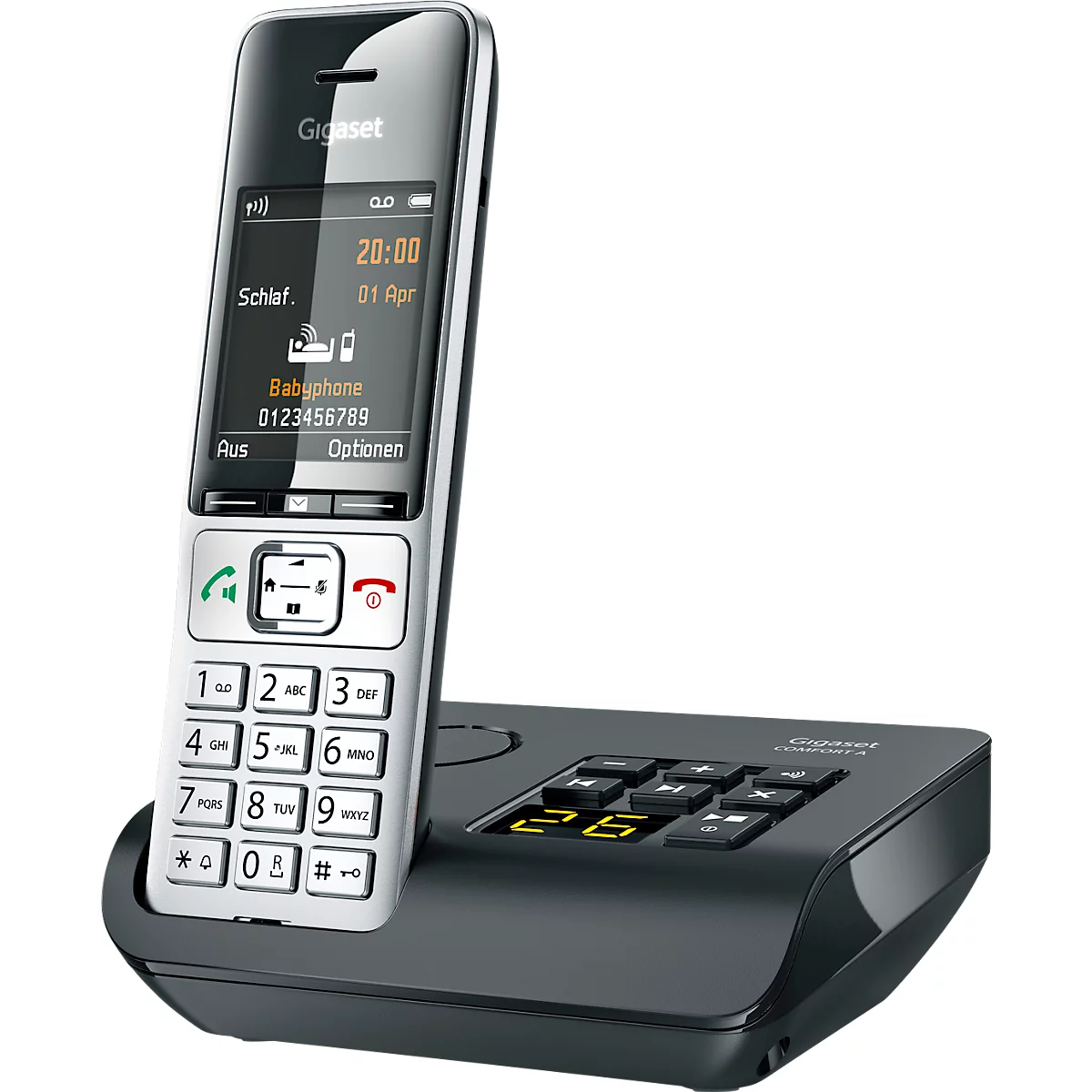 Draadloze telefoon met display. Het display toont tijd en datum, evenals menu-items. Er zitten toetsen op het basisstation.