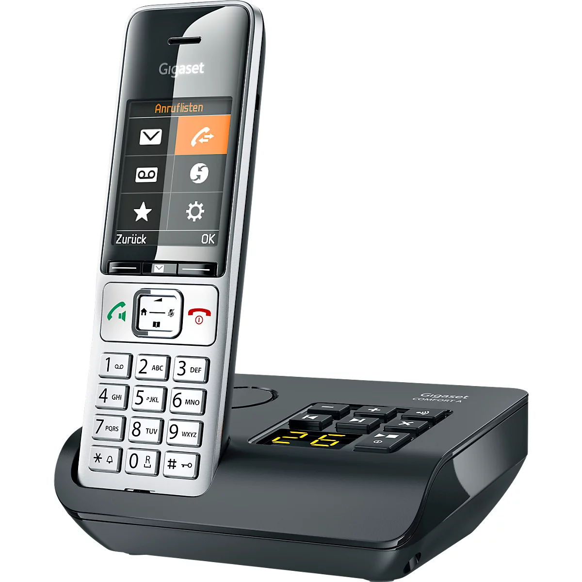 Een draadloze telefoon met een display. De handset staat in een oplaadstation. Verschillende symbolen en opschriften zijn te zien op het display.