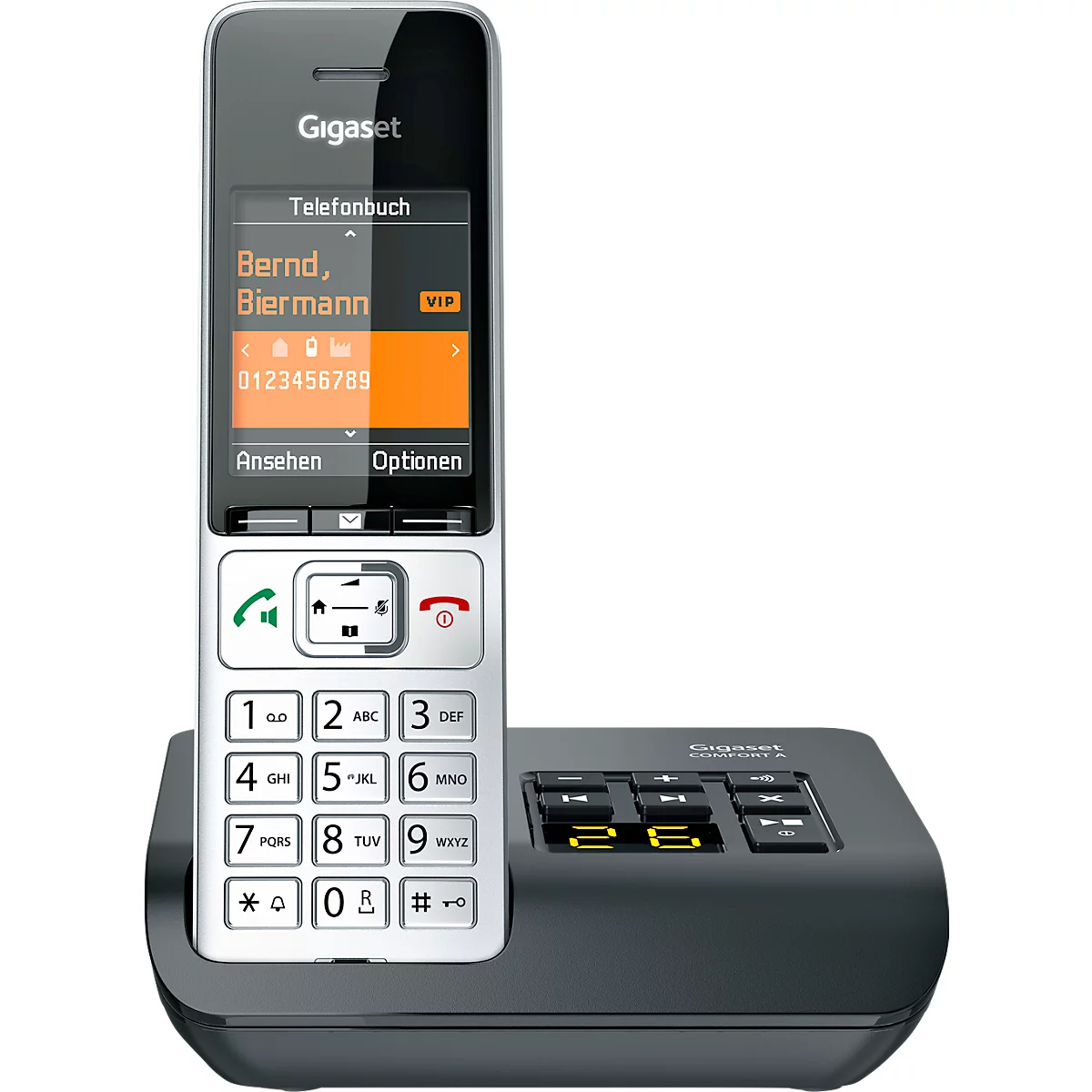 Draadloze Gigaset-telefoon met display, telefoonnummer en naam. De telefoon staat in een oplaadstation.
