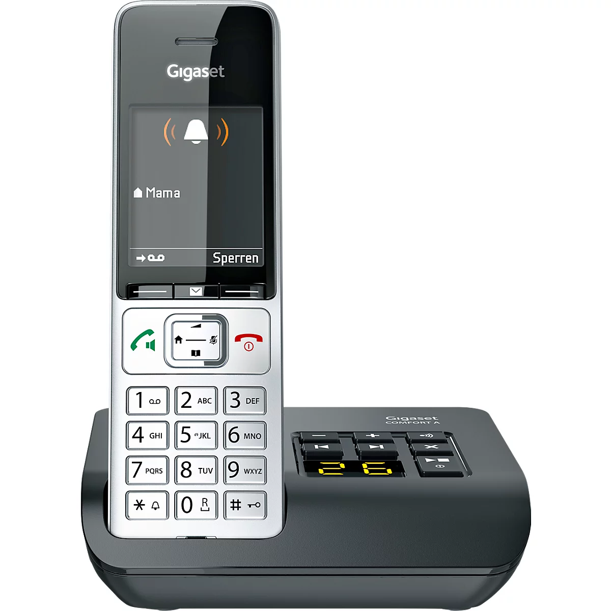 Een grijs Gigaset draadloze telefoon met oplaadstation. Op het scherm staat "Mama" en een belsymbool.