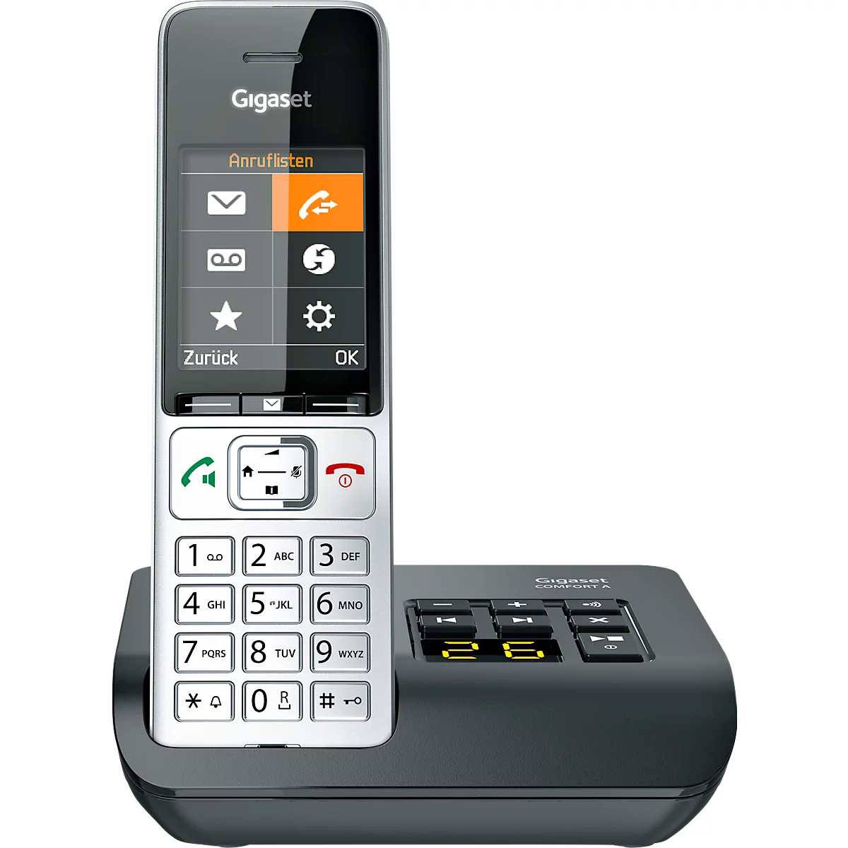 Een zilverkleurige Gigaset-telefoon met touchscreen en toetsenbord staat op een zwart oplaadstation.
