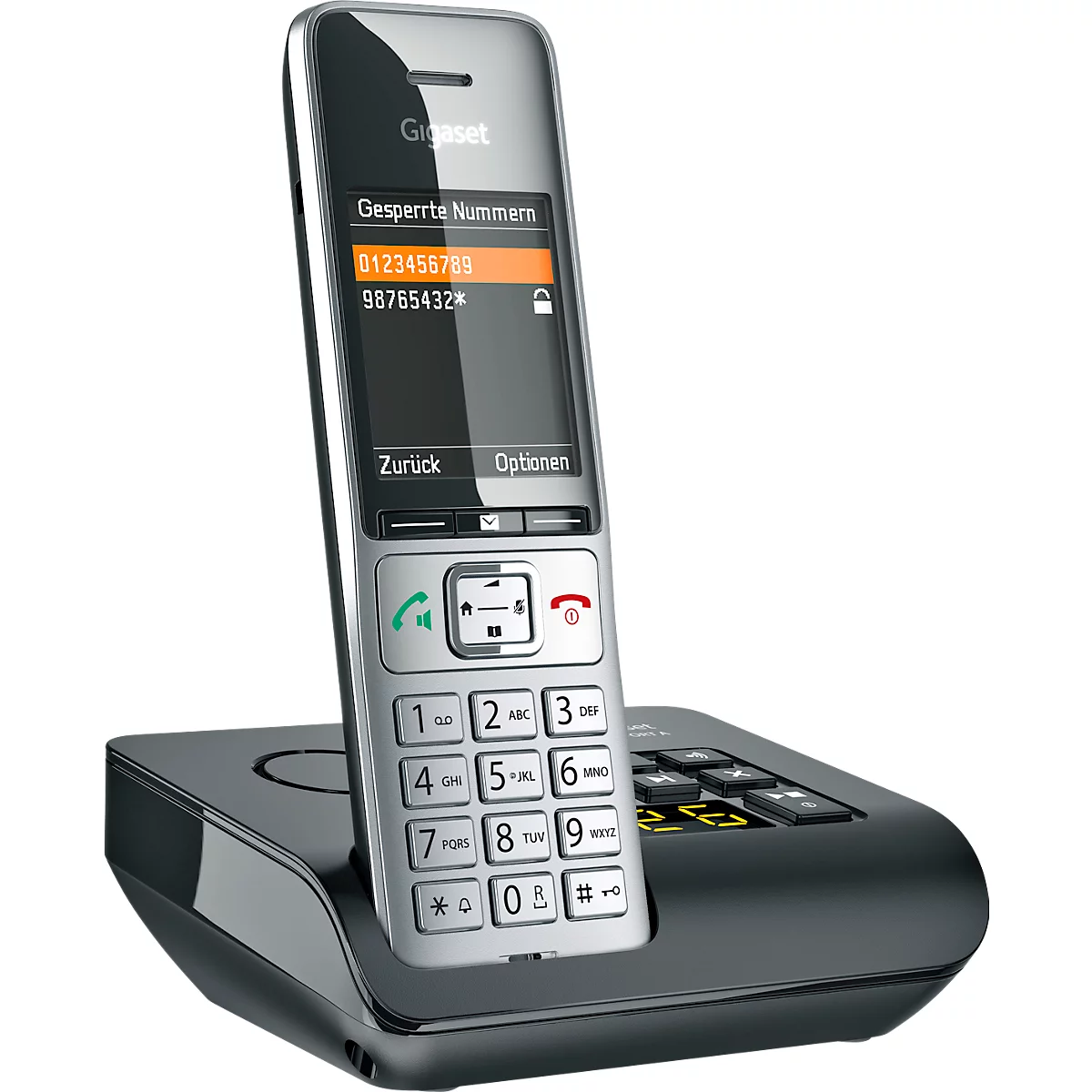 Draadloze telefoon met basisstation, display met geblokkeerde nummers.