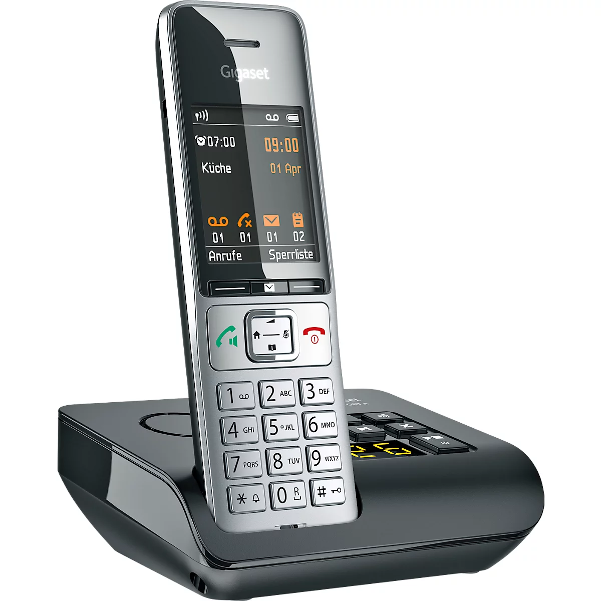 Draadloze telefoon in een oplaadstation. Het display toont de tijd en datum.