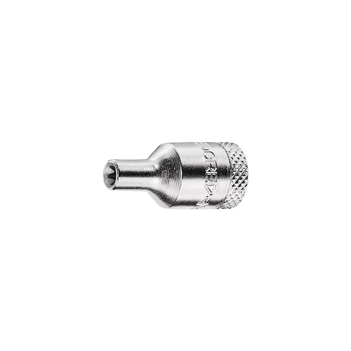 Close-up opname van een metalen torx bit. Een stervormig patroon is zichtbaar aan het uiteinde, de rest is gekarteld.