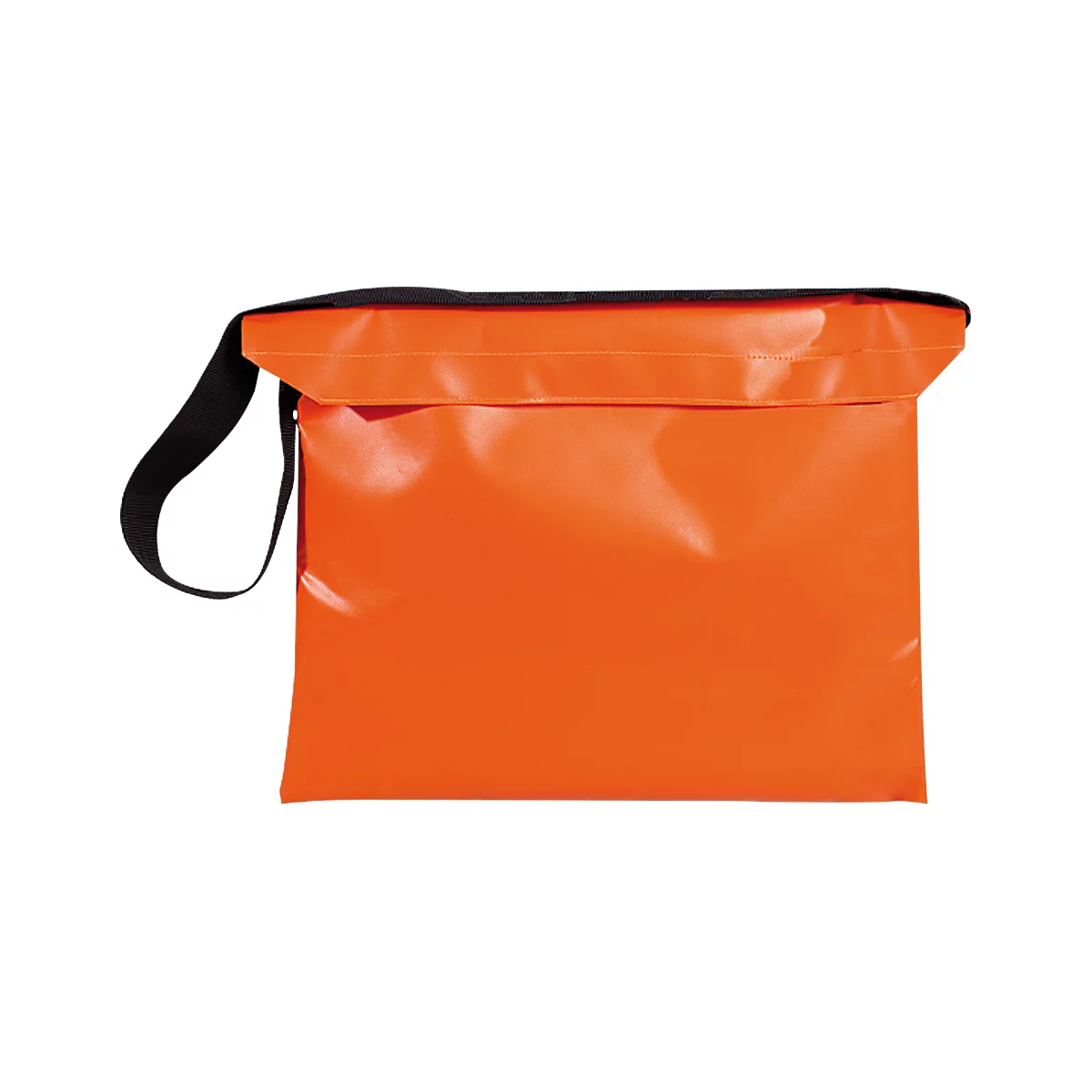 Oranje tas met zwarte schouderriem. Hij is gesloten en licht gekanteld.
