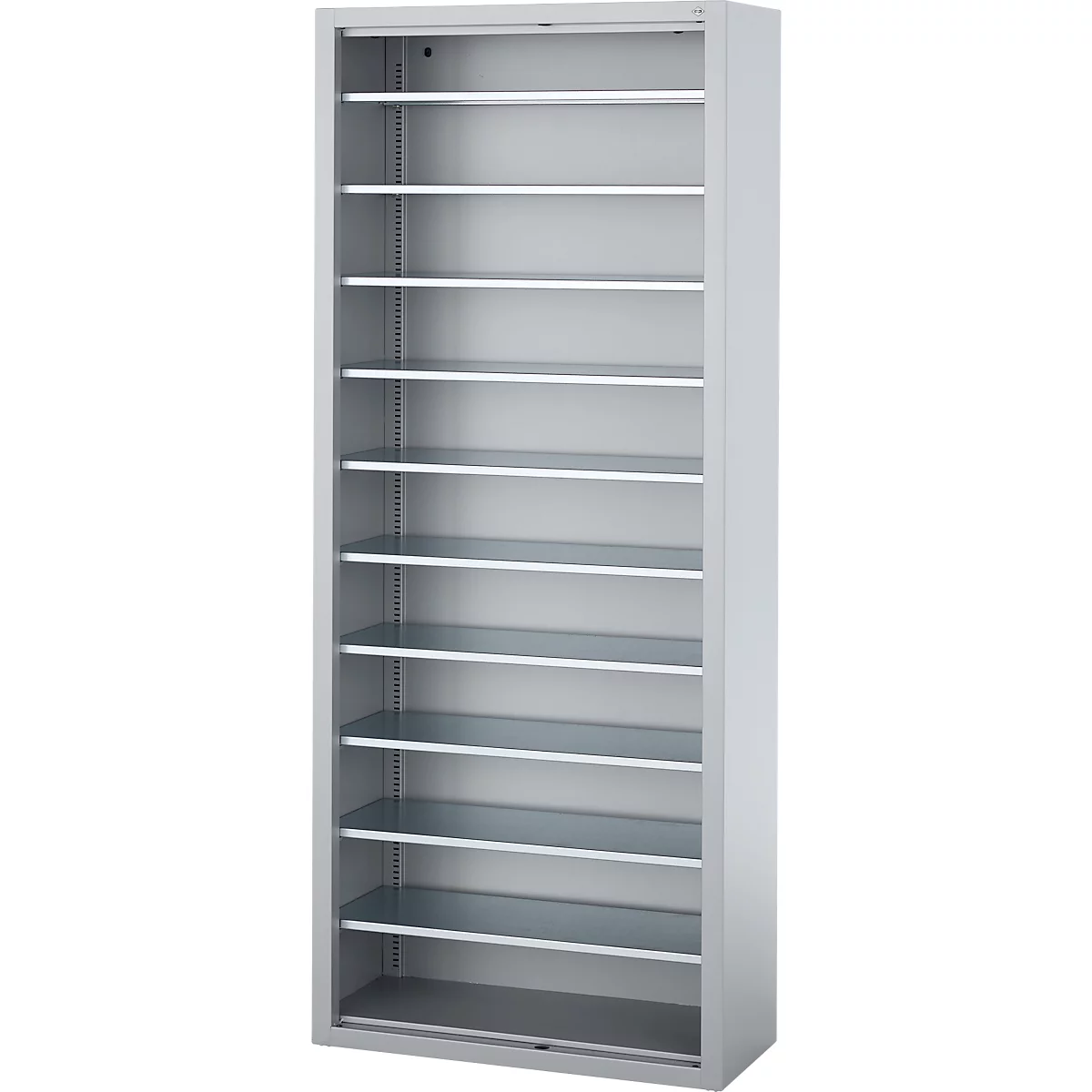 Een grijze archiefkast met horizontale planken.