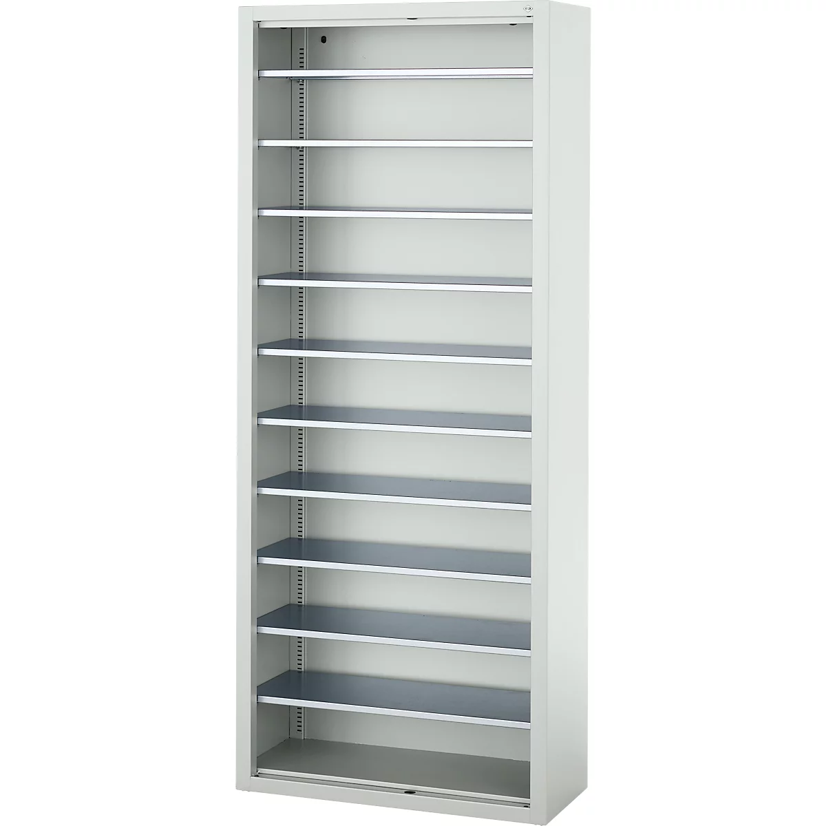 Witte kast met meerdere grijze planken. De grijze planken worden gescheiden door metalen staven.