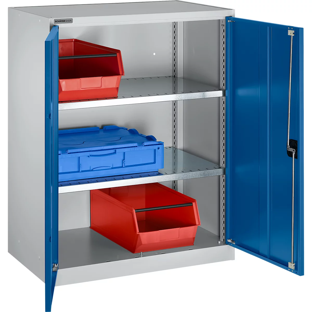 Draaideurkast Schäfer Shop Select MS-i 12408, plaatstaal, B 800 x D 400 x H 1215 mm, 3 OH, aluminium wit/ gentiaanblauw, tot 150 kg 